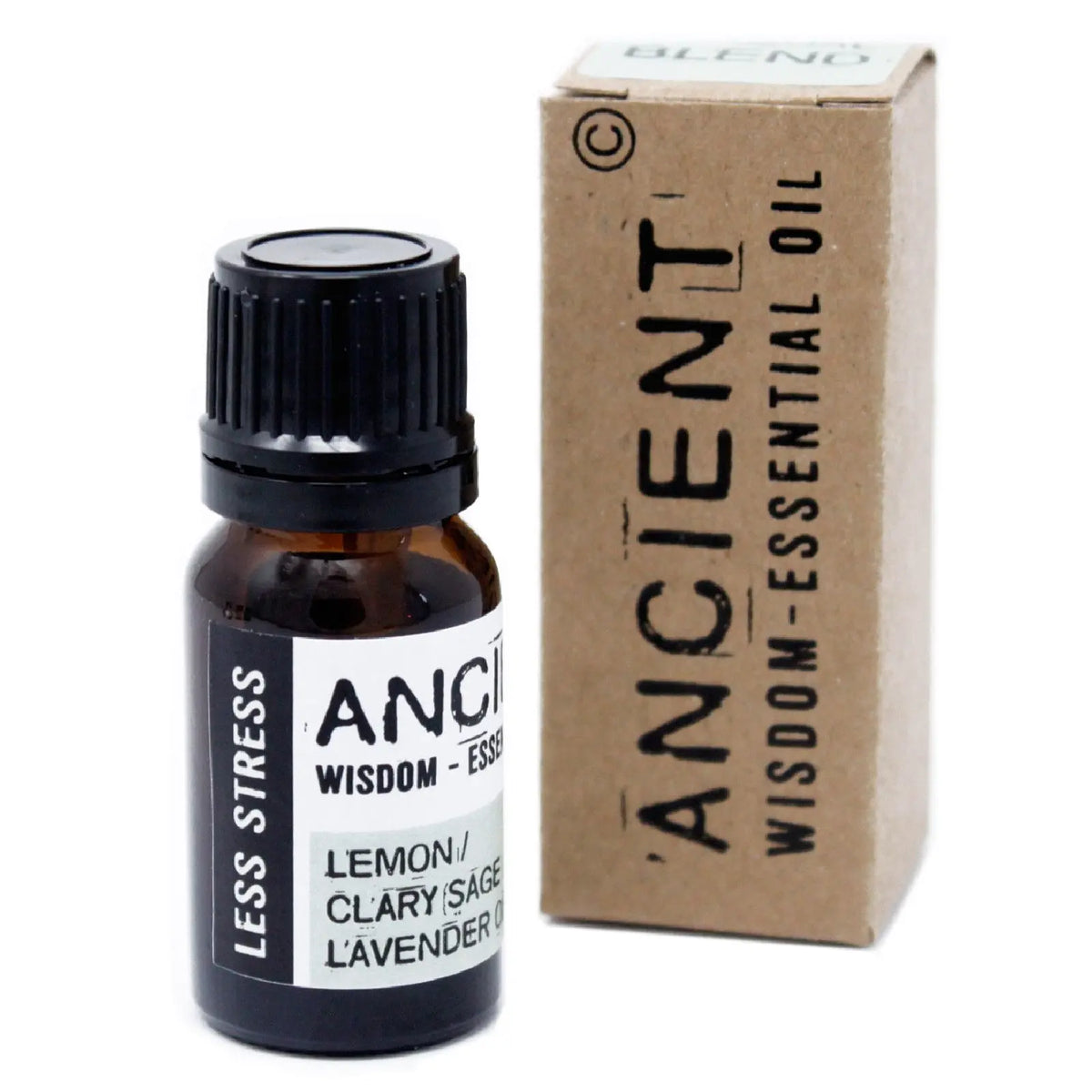 Frasco de 10ml de aceite esencial Anti Estrés de Ancient Wisdom con su caja de cartón artesanal marrón al lado.