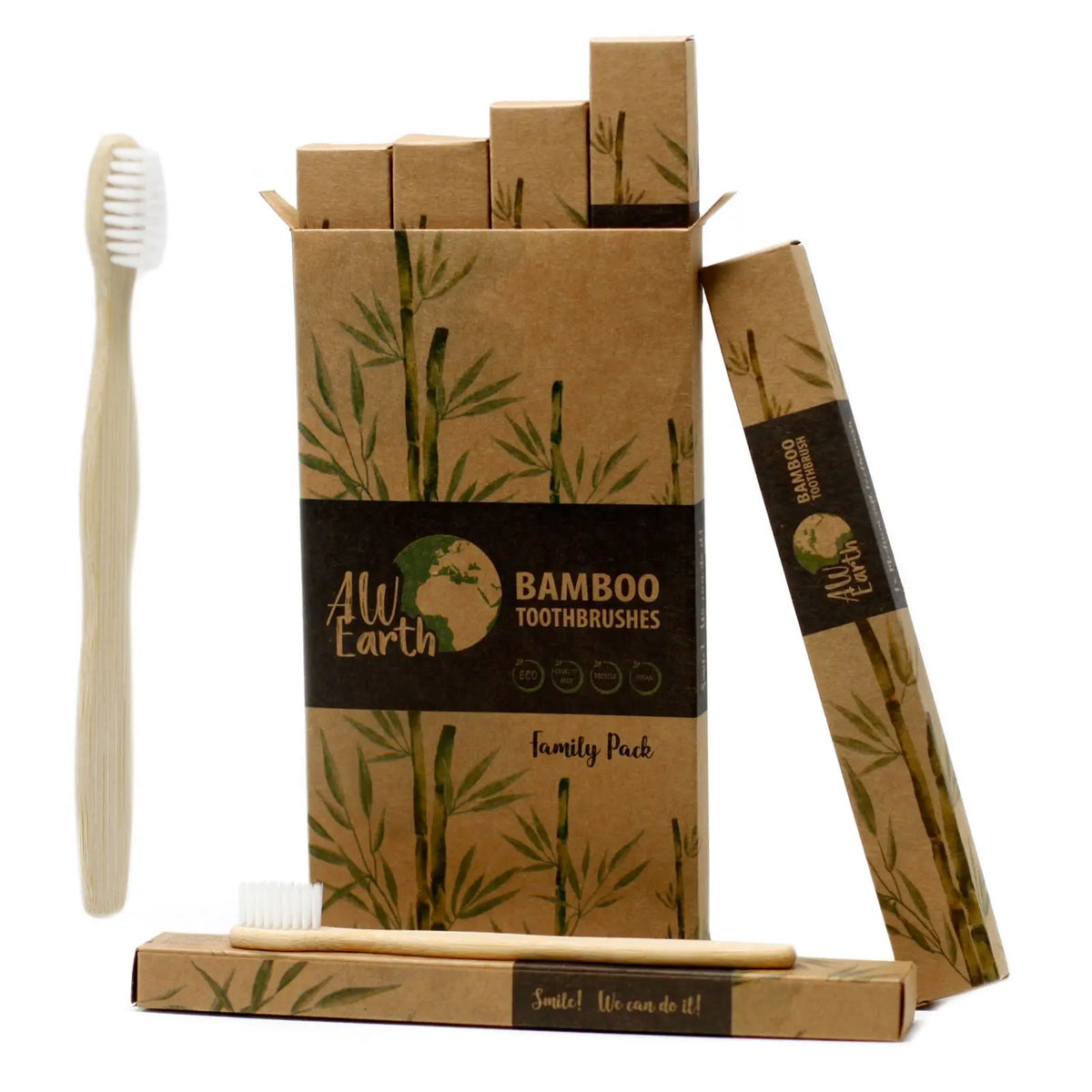 Pack familiar de cepillos de bambú con cerdas blancas, cajas de cartón reciclado con diseño natural sobre fondo blanco