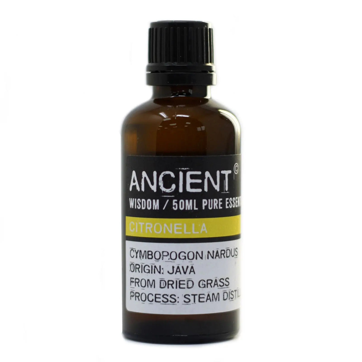 Frasco de vidrio ámbar de 50ml con tapón negro y etiqueta informativa sobre aceite esencial de citronela.
