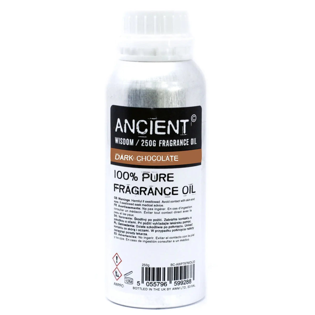 Botella de aluminio plateada con etiqueta negra que contiene aceite de fragancia de chocolate negro de 250g