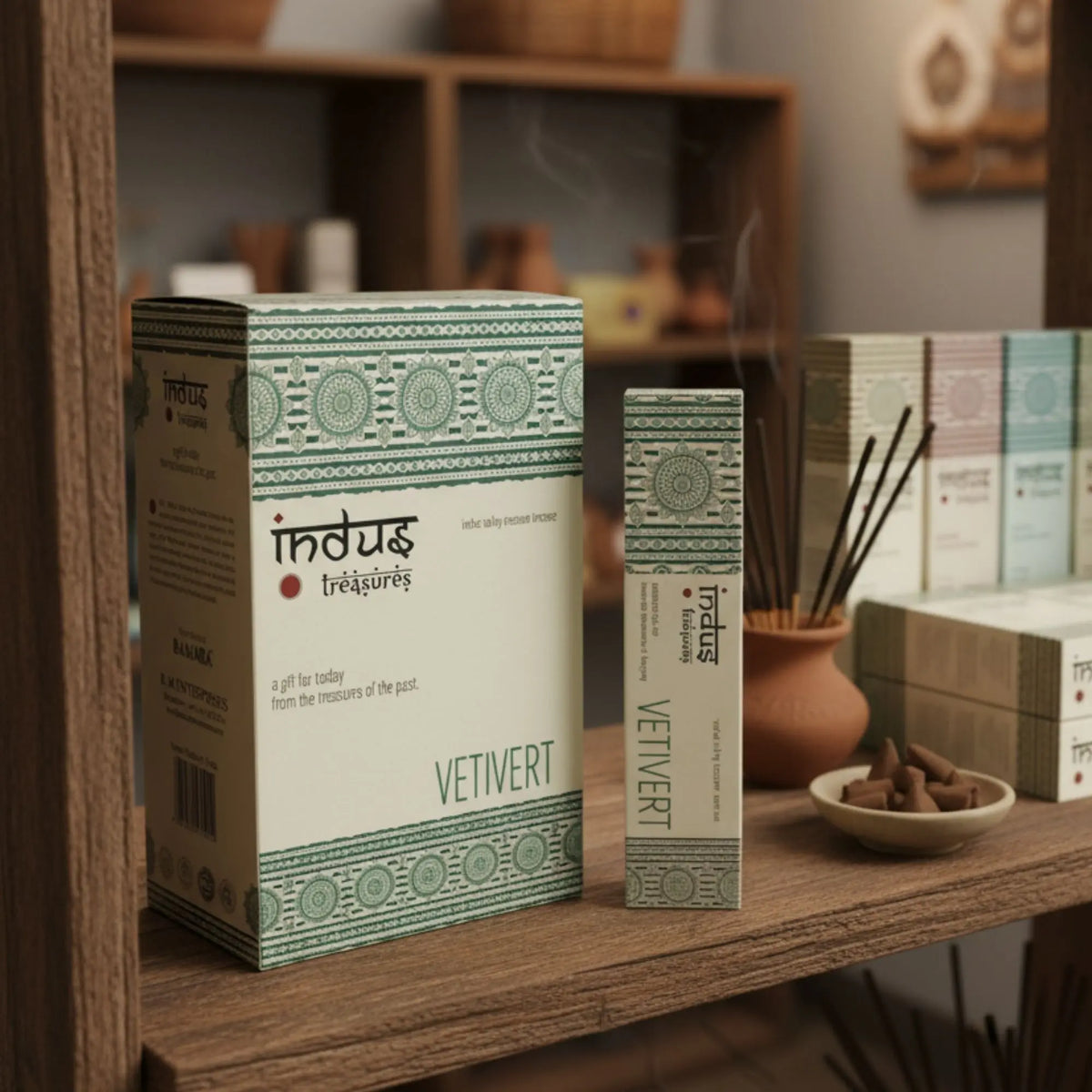 Cajas de incienso de vetiver con diseño verde ornamental sobre estante de madera junto a varillas y conos aromáticos