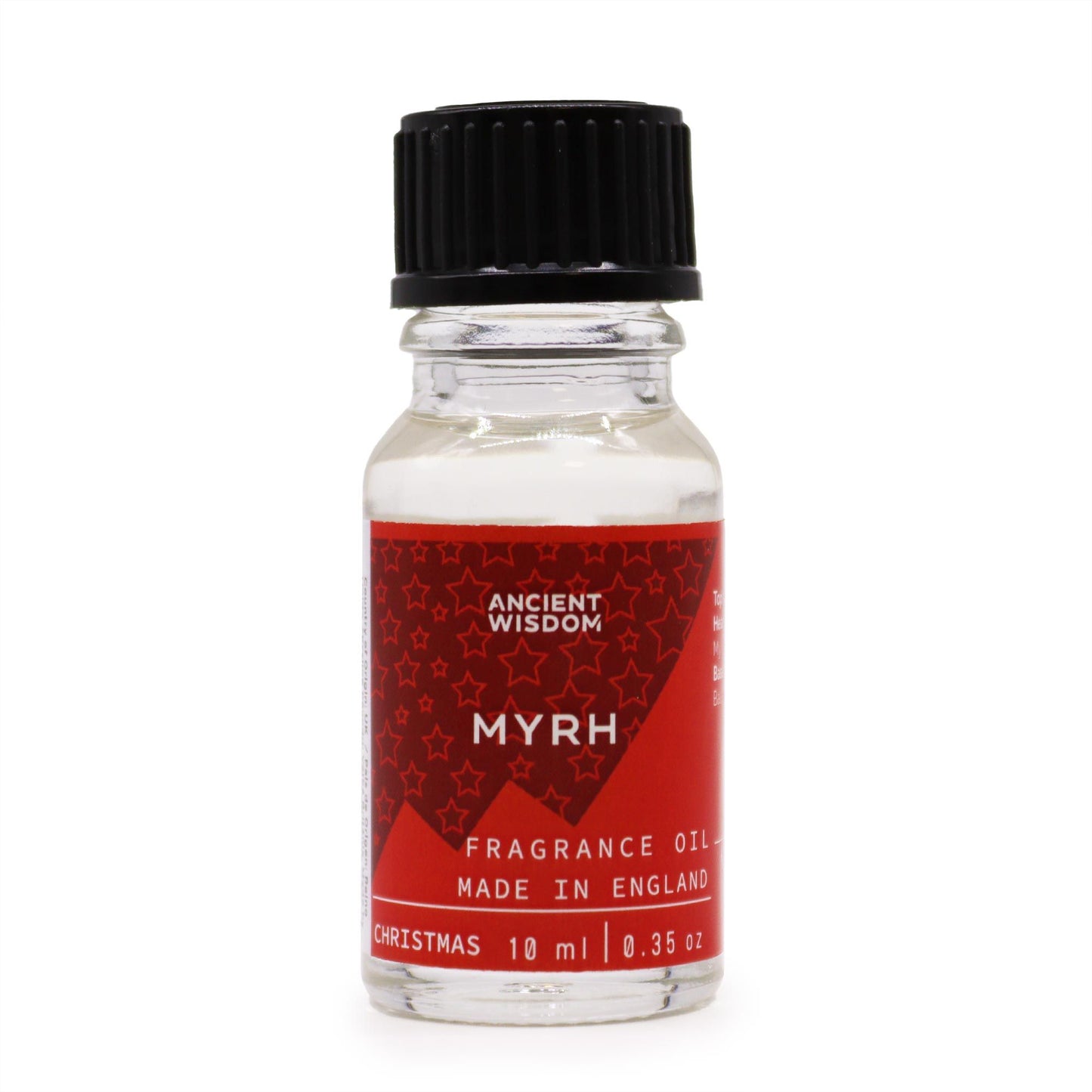 Frasco de vidrio de 10ml con tapa negra y etiqueta roja con estrellas blancas, rotulado como aceite de fragancia Mirra.