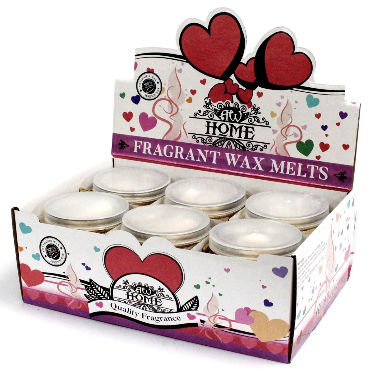 Caja expositora blanca con corazones rojos que contiene seis frascos de vidrio con velas de cera de soja blanca natural