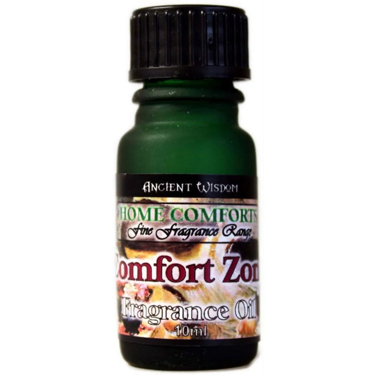 Frasco pequeño de cristal verde oscuro de 10ml con tapa negra y etiqueta frontal detallada sobre aceite de fragancia.
