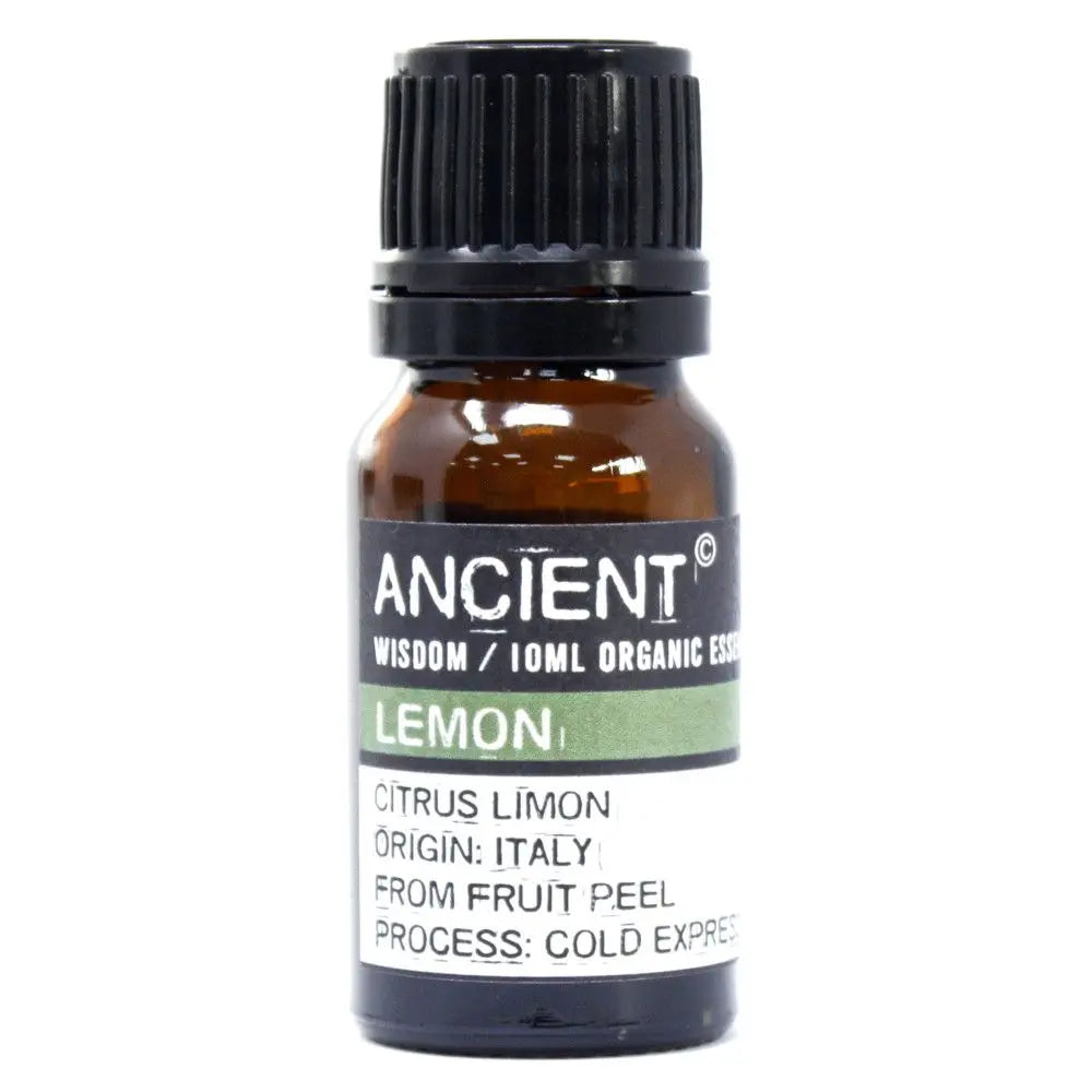 Frasco de vidrio ámbar de 10ml con aceite esencial orgánico de limón Ancient Wisdom y tapa negra sobre fondo blanco.
