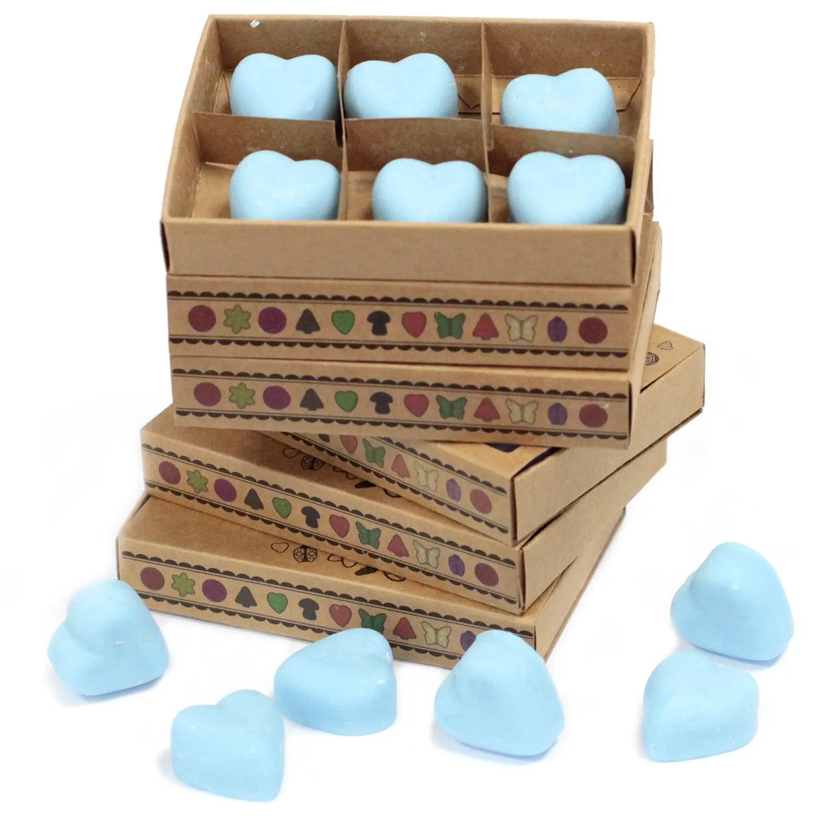 Cajas de cartón con 6 ceras de soja azules en forma de corazón, decoradas con pequeños iconos de colores.