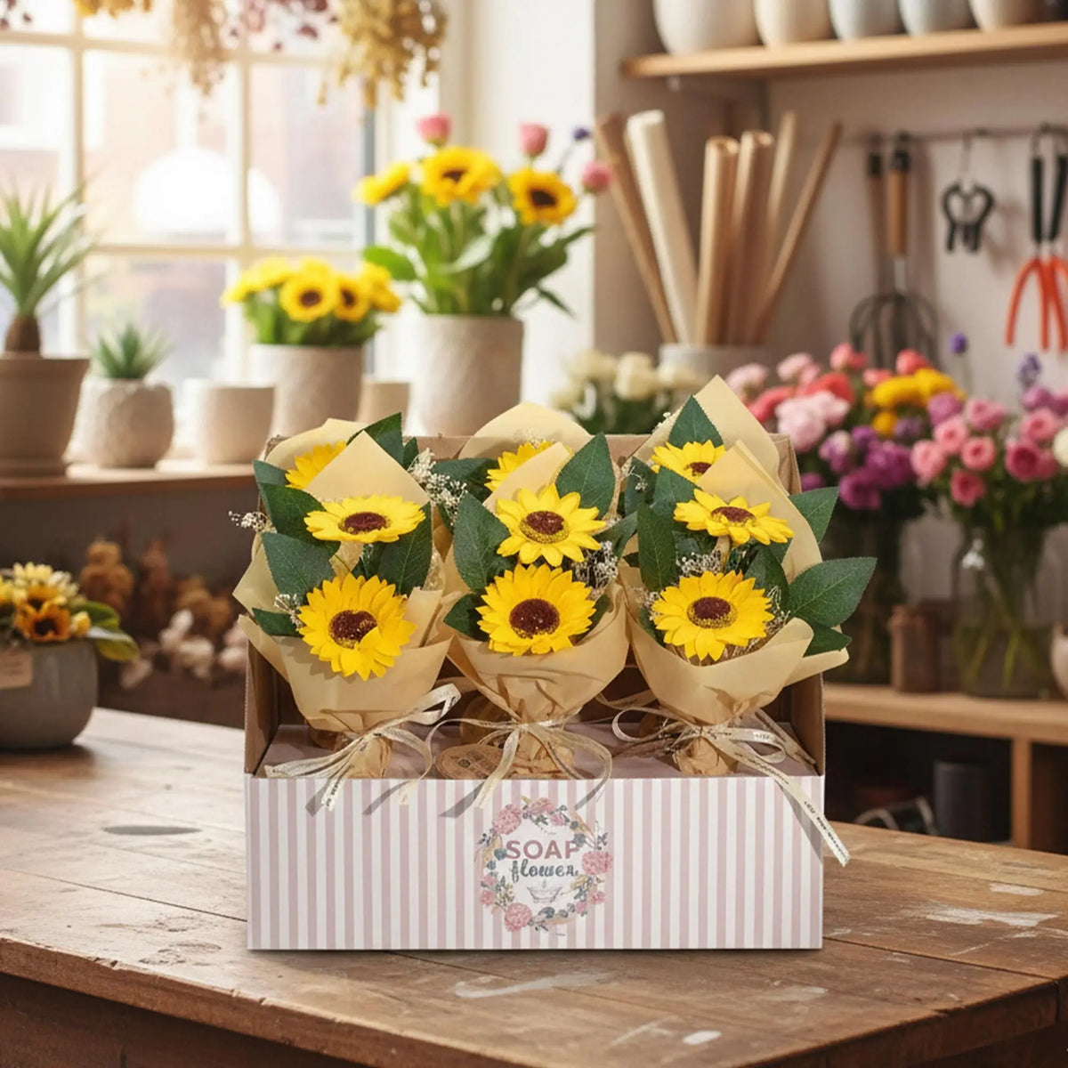 Caja de regalo con tres ramos de dos girasoles de jabón amarillo, envueltos en papel kraft y atados con lazo.