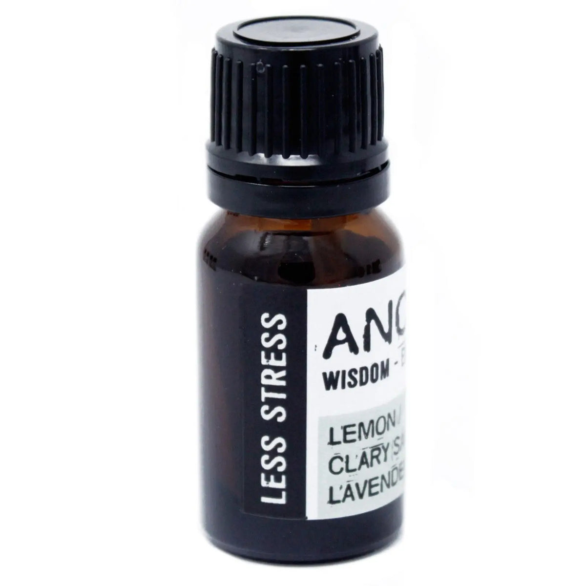 Frasco de vidrio ámbar de 10ml con tapa negra y etiqueta blanca "Less Stress" de la marca Ancient Wisdom.