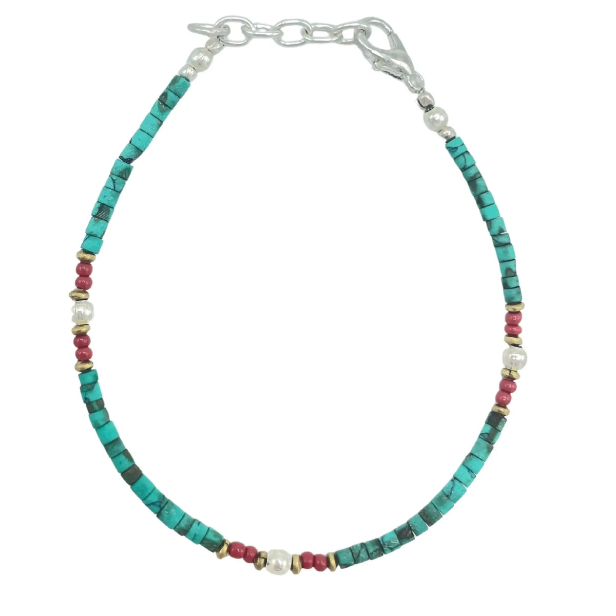 Collar de piedras turquesas y rojas con perlas blancas, estilo bohemio, cierre de plata.