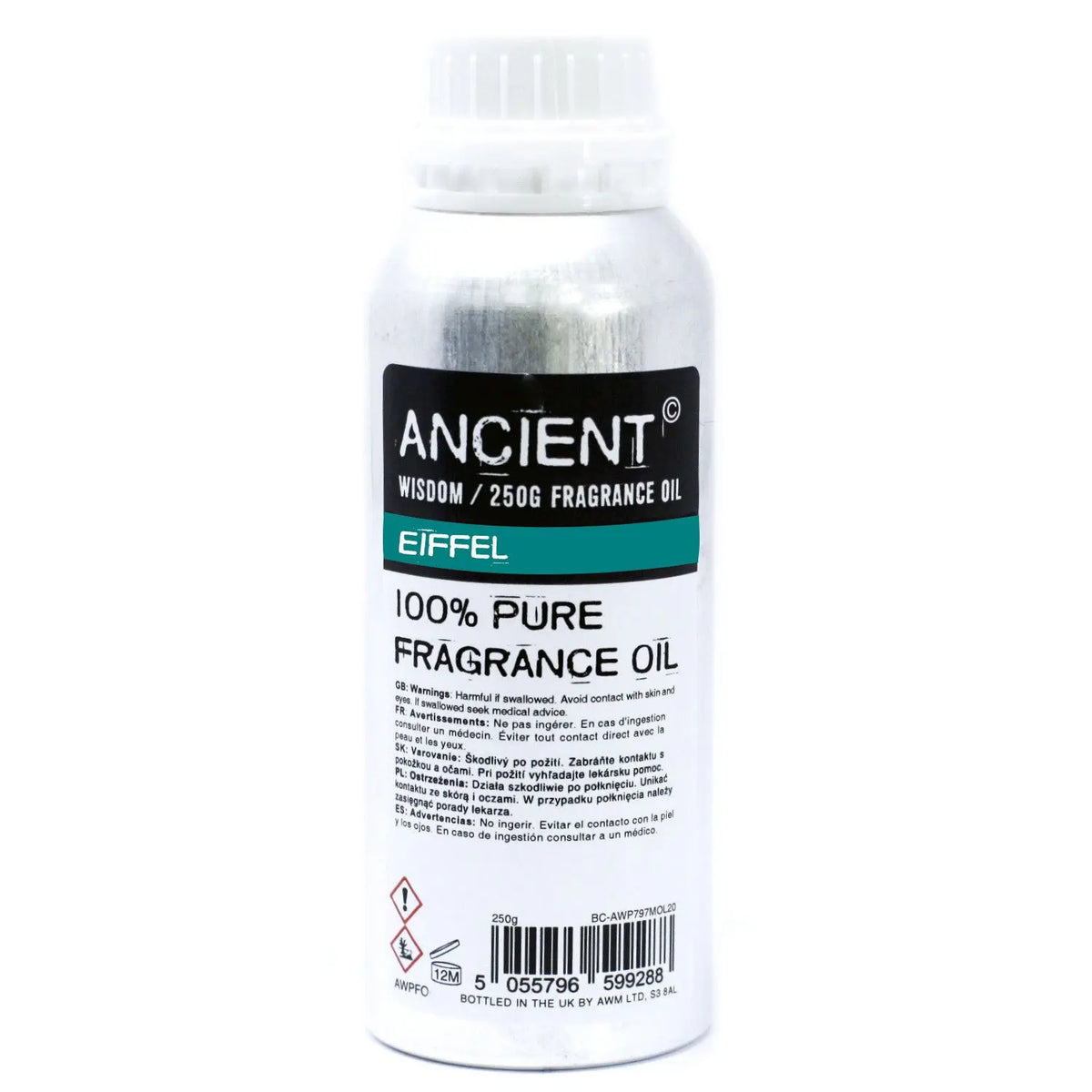 Botella de aluminio plateada de 250g con tapa blanca y etiqueta informativa sobre aceite de fragancia.