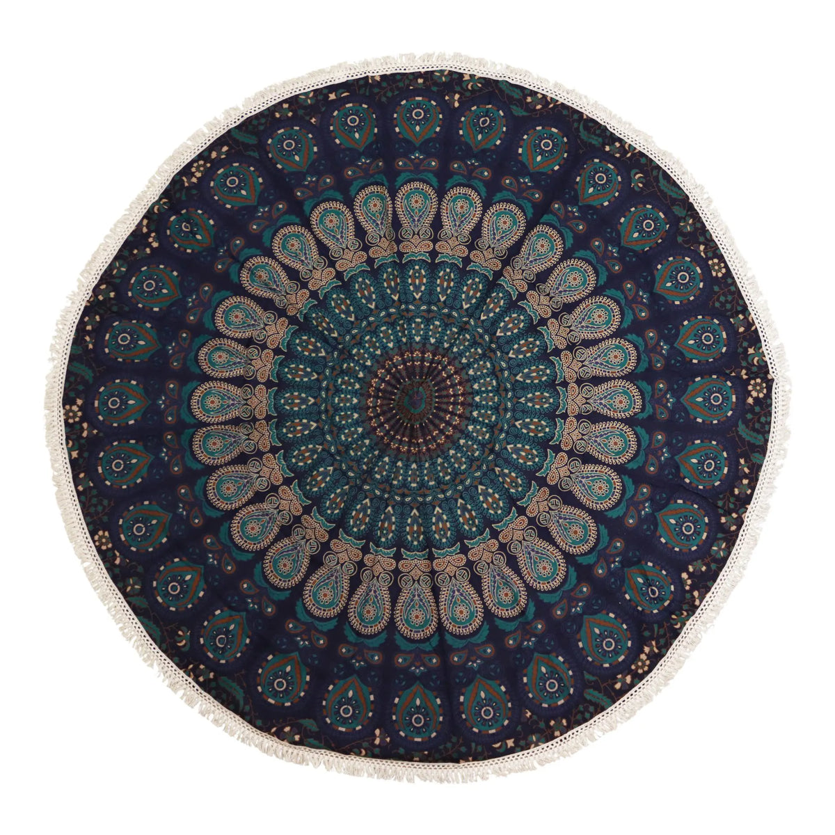 Tapiz redondo de algodón azul pavo real con estampado de mandala detallado y bordes con flecos blancos.