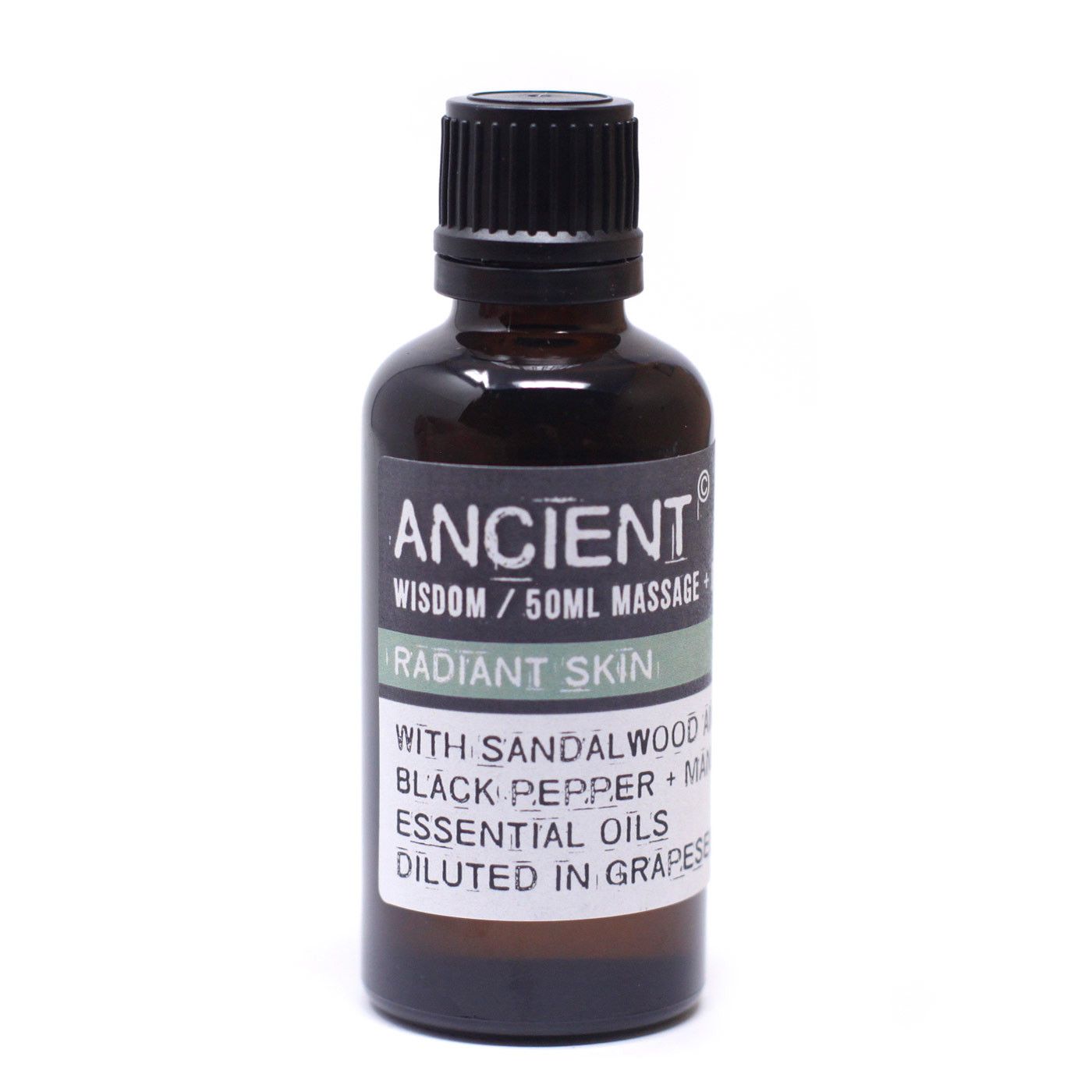 Frasco de vidrio ámbar de 50ml con tapón negro y etiqueta informativa sobre aceite de masaje con sándalo y mandarina.