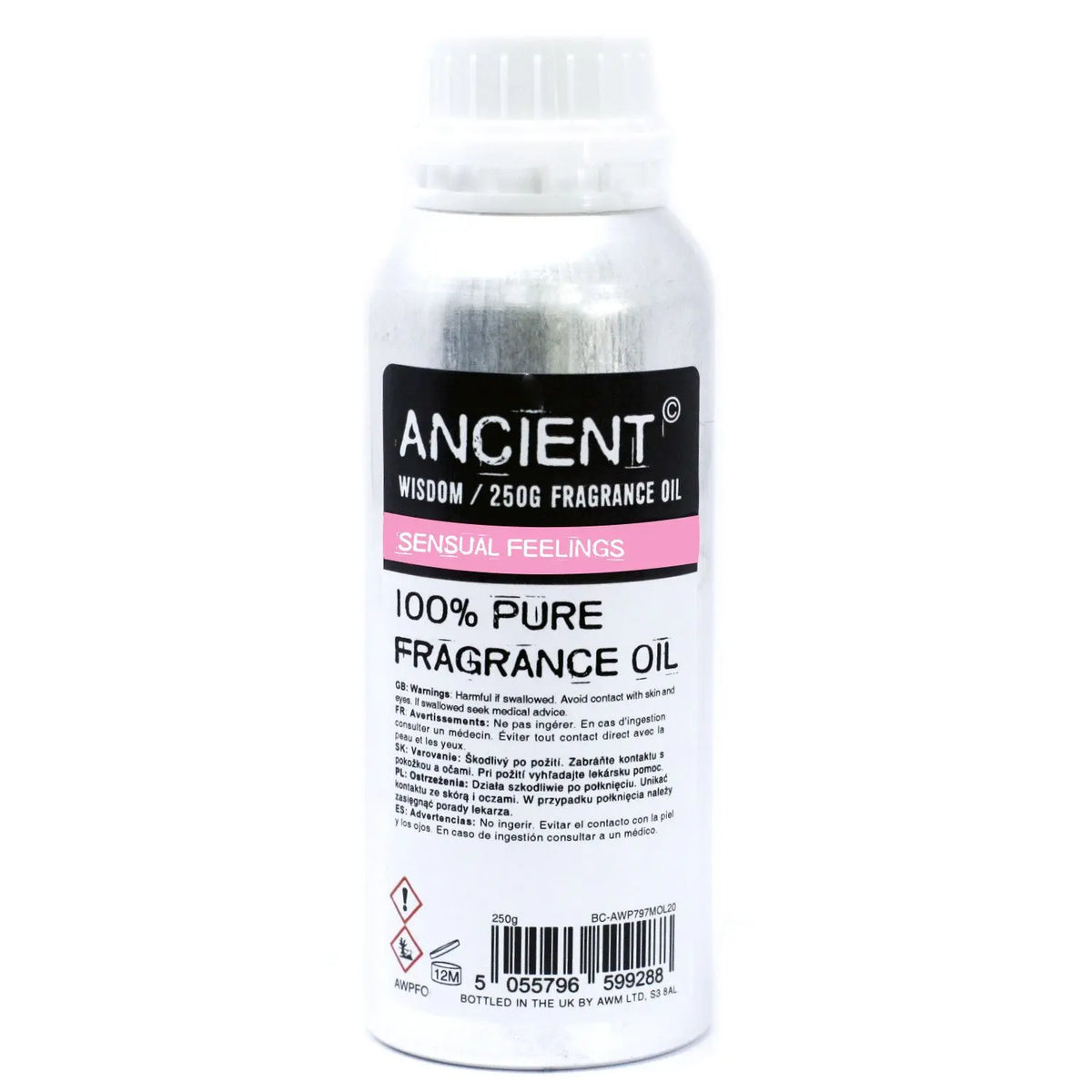 Botella de aluminio plateada con etiqueta negra y rosa de 250g de aceite de fragancia, con tapón de rosca blanco.