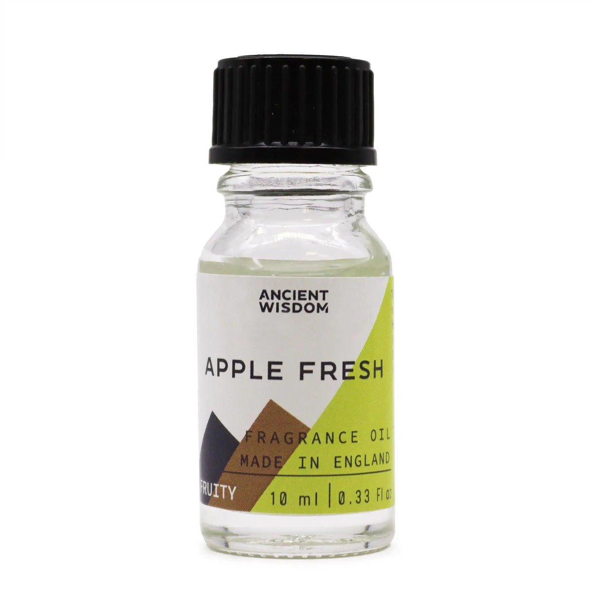 Frasco de vidrio transparente de 10ml con tapa negra, etiqueta verde y marrón con texto "Apple Fresh" sobre fondo blanco.