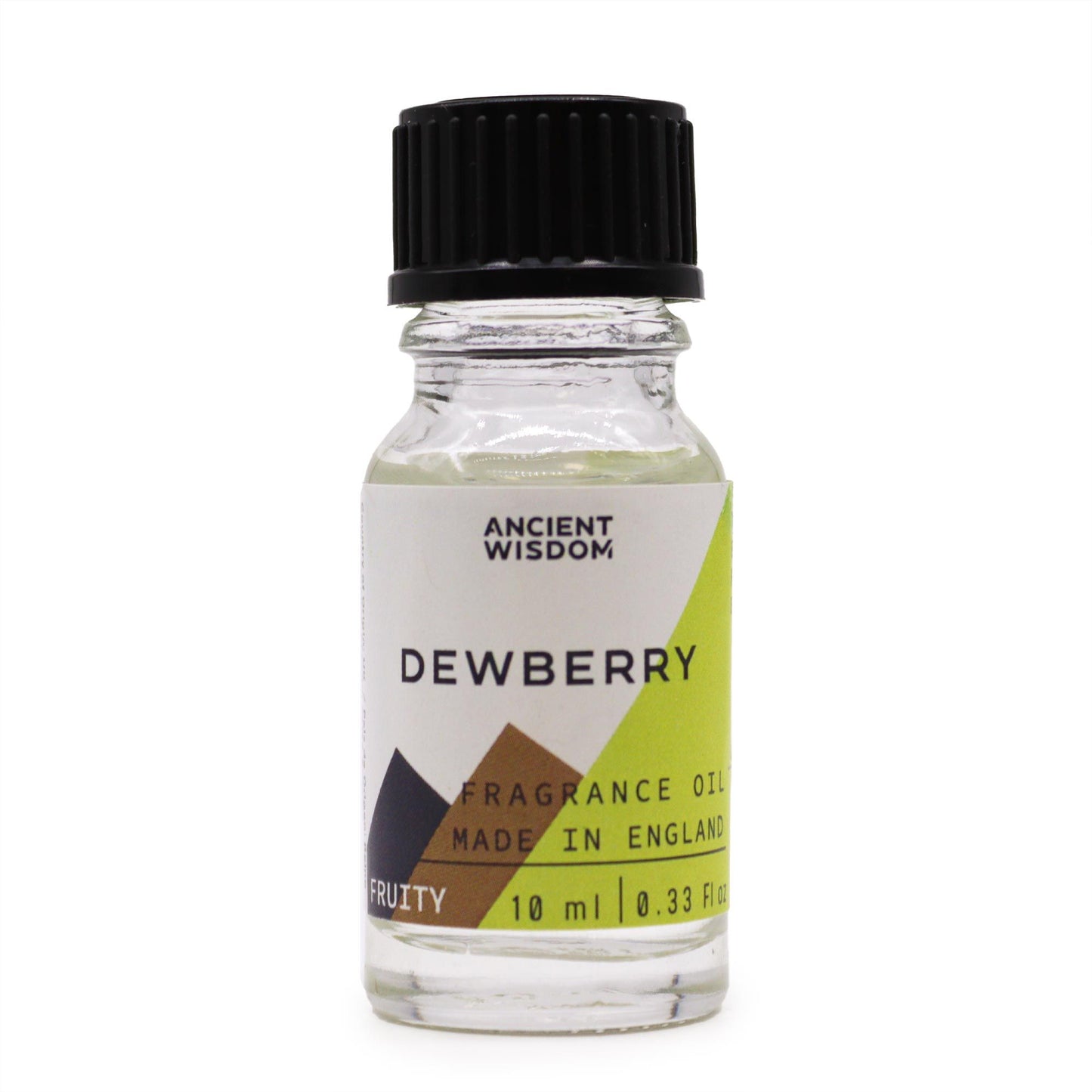 Frasco de vidrio transparente de 10ml con tapa negra y etiqueta blanca, verde y marrón para aceite de fragancia.