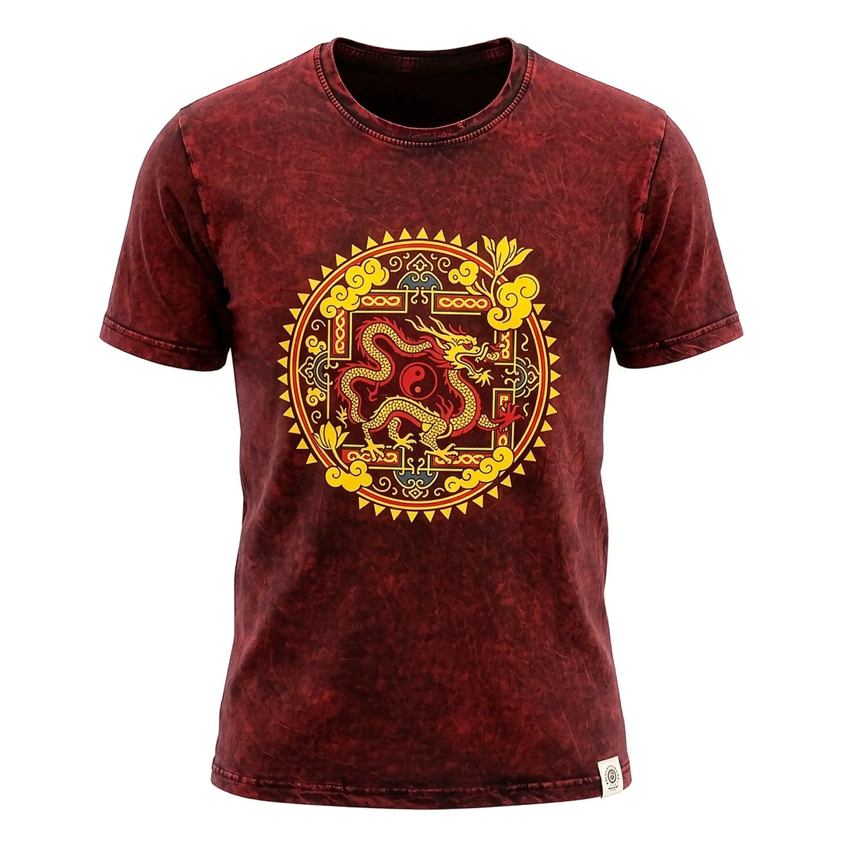 Camiseta algodón lavado piedra mandala dragón granate talla grande