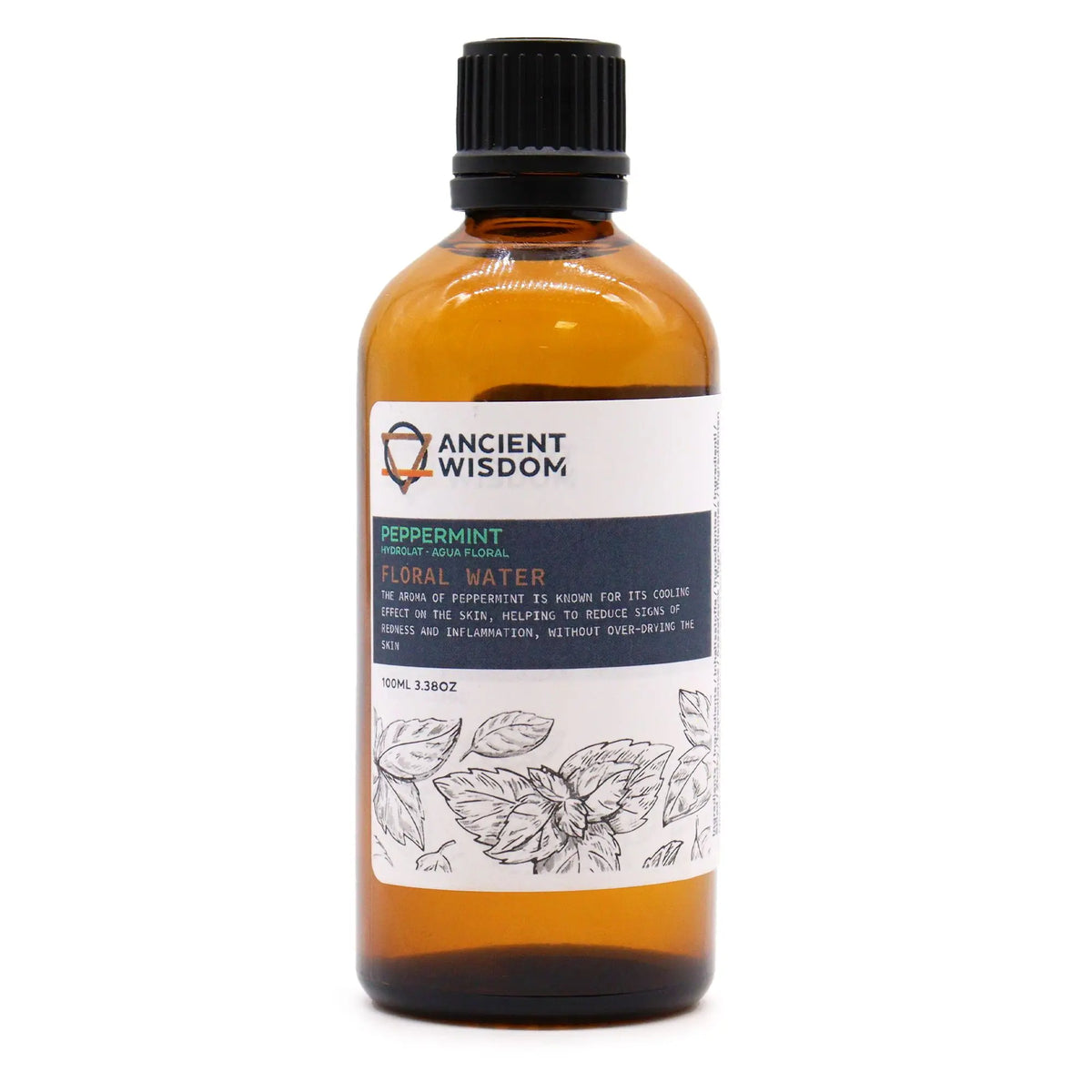 Frasco de vidrio ámbar de 100ml con tapa negra y etiqueta blanca con ilustración de hojas de menta.