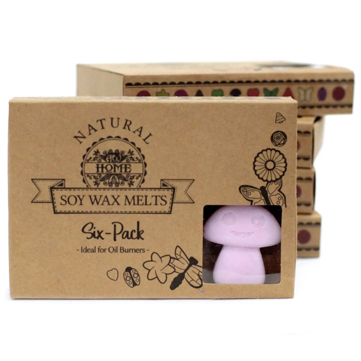 Caja de cartón kraft con ventana mostrando una cera de soja rosa con forma de seta. Diseño artesanal e ilustraciones.