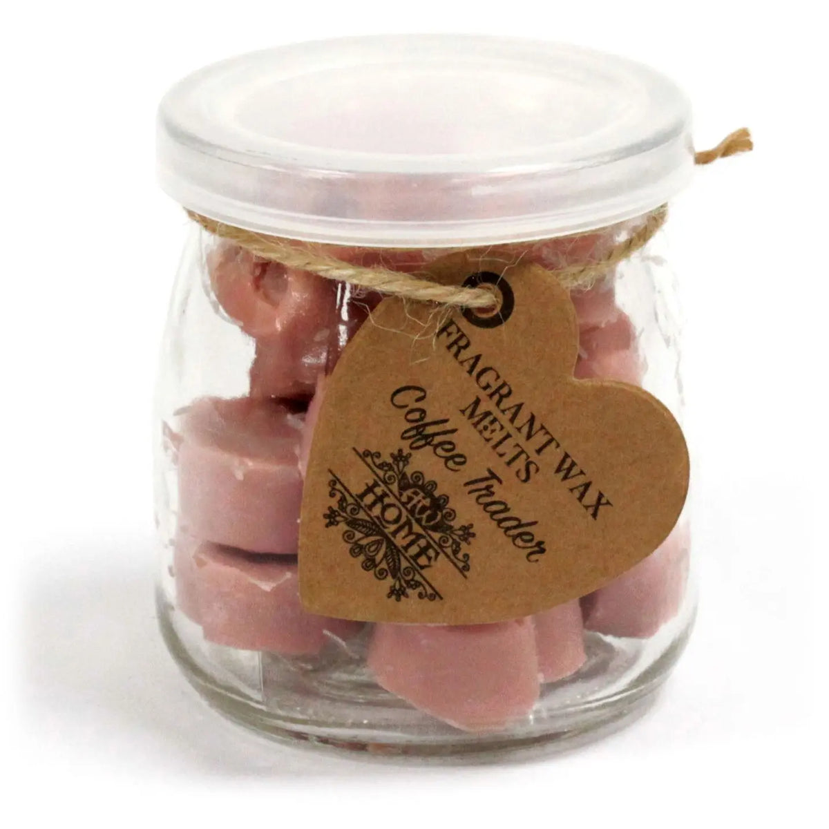 Frasco de vidrio con tapa blanca lleno de pastillas de cera de soja color café y etiqueta de cartón en forma corazón.