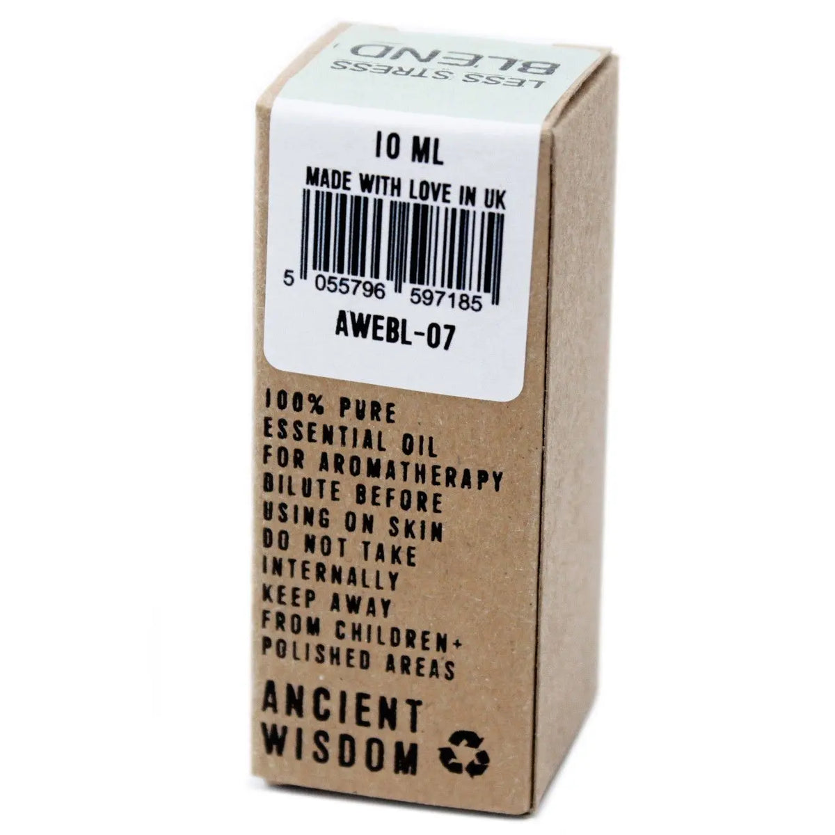 Caja de cartón kraft para mezcla de aceites esenciales Ancient Wisdom 10ml, etiqueta blanca con código de barras.
