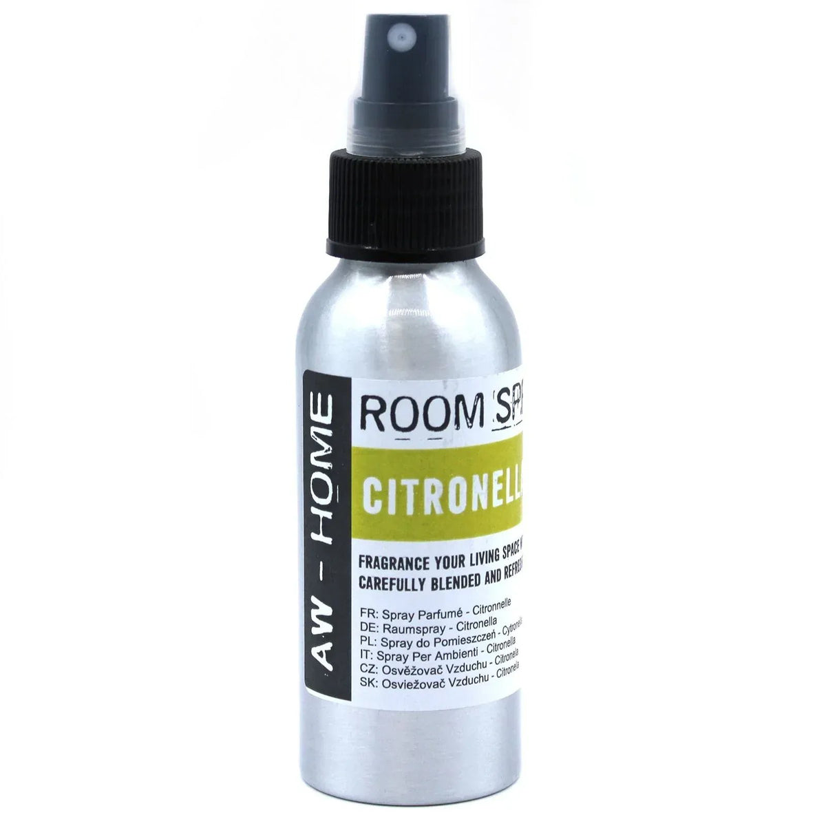 Ambientador de 100ml en envase de aluminio plateado con dosificador negro y etiqueta blanca y verde de citronela.
