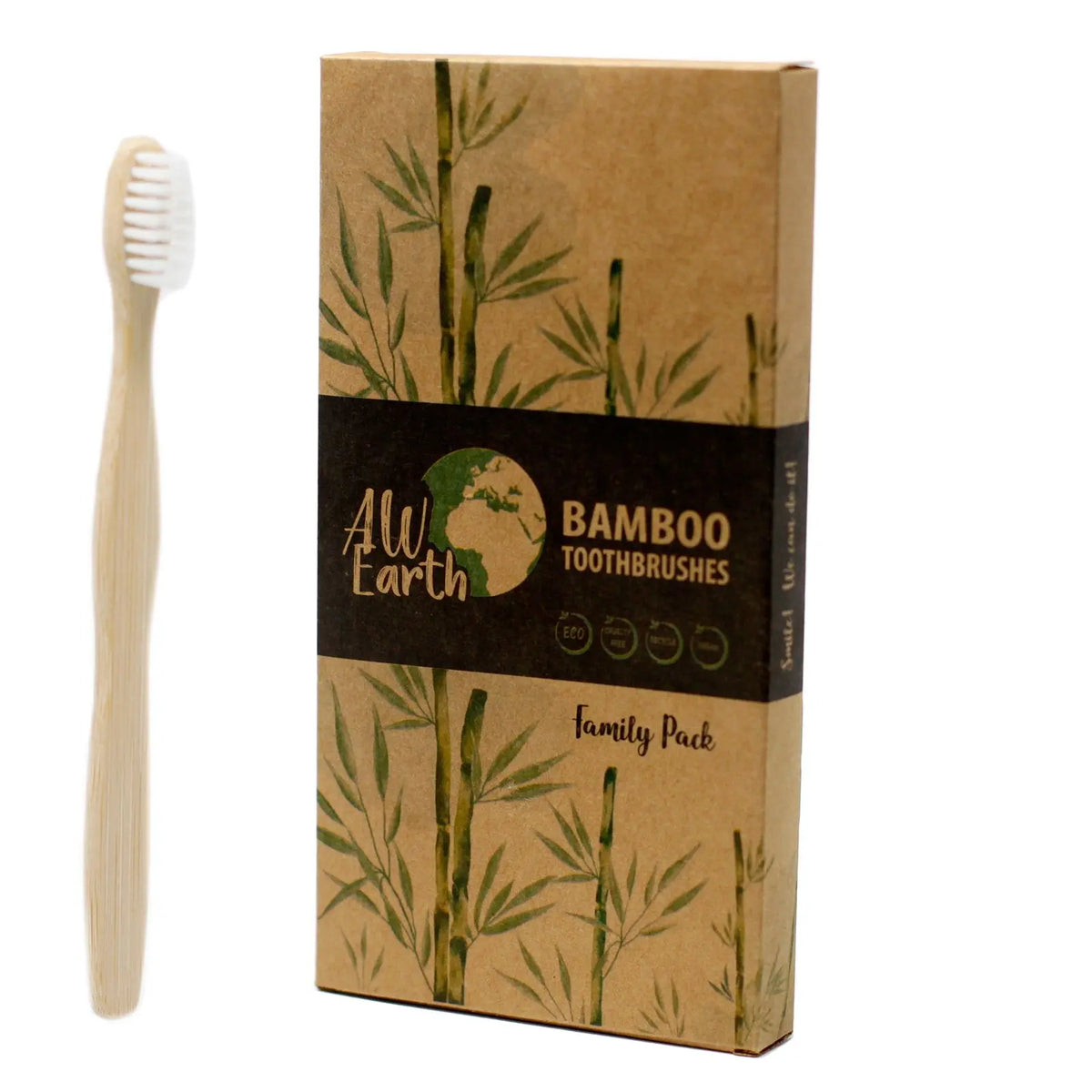 Caja de cartón con dibujo de bambú junto a un cepillo de dientes de bambú con cerdas blancas de nailon.
