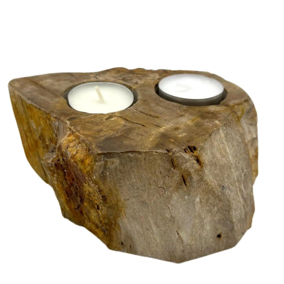 Portavelas doble de madera petrificada con tonos tierra, estilo rústico y natural con dos huecos para velas tipo té