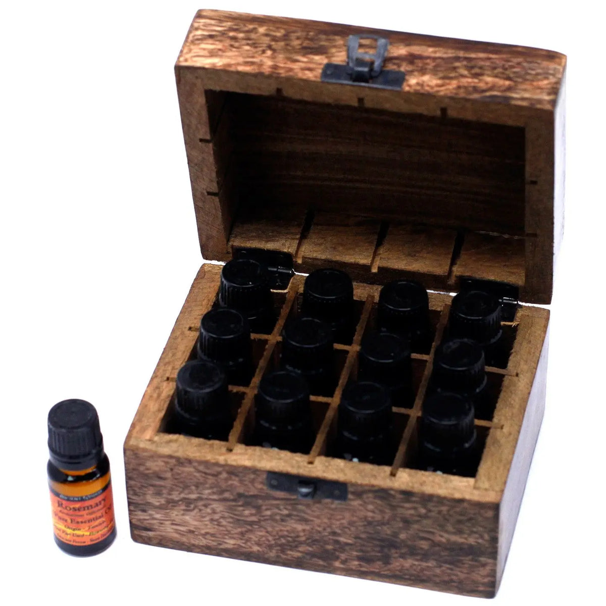 Caja de madera de mango oscura, abierta, con capacidad para 12 aceites esenciales. Incluye un frasco exterior.