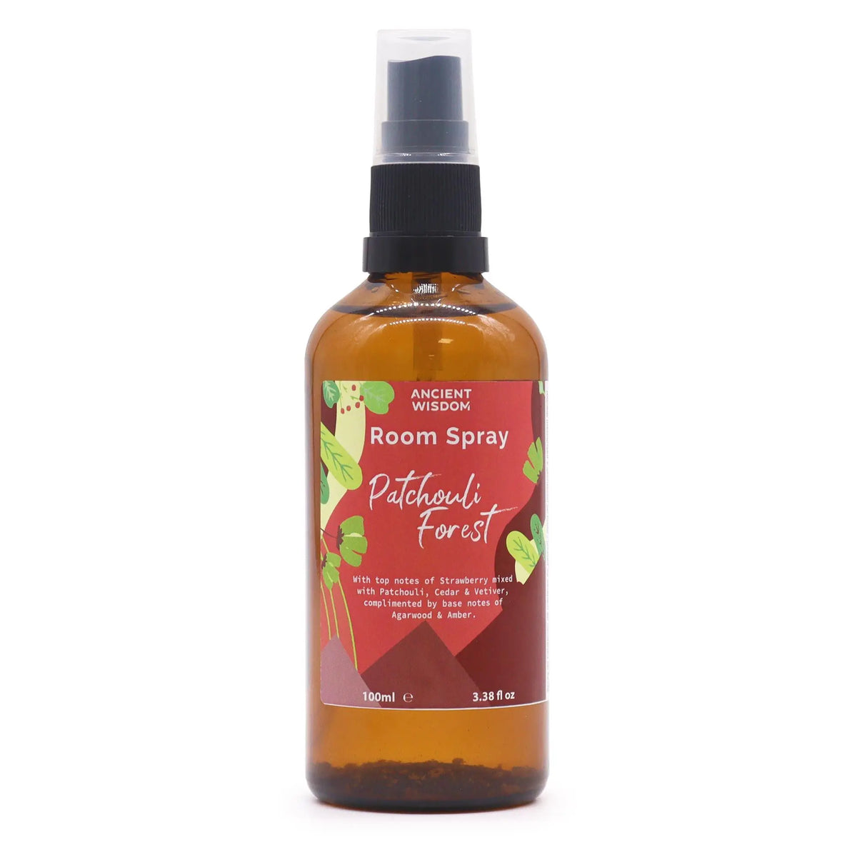 Spray ambientador de 100ml en botella de vidrio ámbar con atomizador negro y etiqueta roja con motivos de hojas.