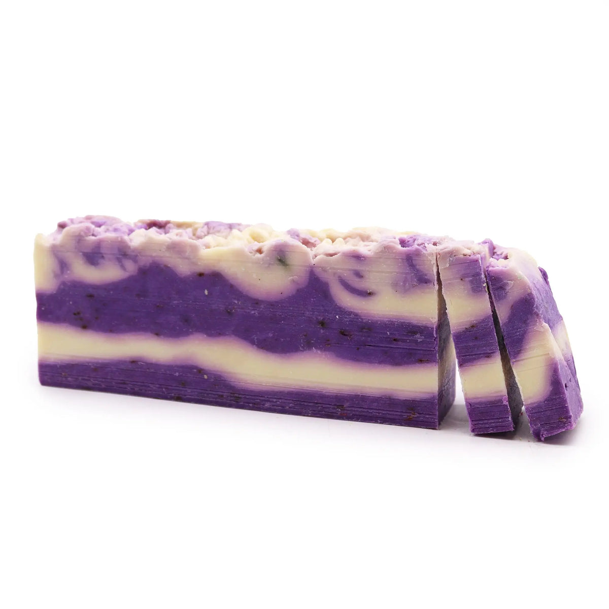 Barra de jabón artesanal Ancient Wisdom de lavanda con vetas púrpuras y crema, textura suave y corte rectangular.