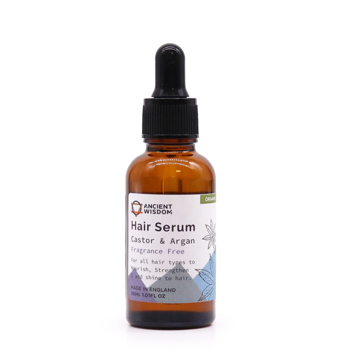 Botella de vidrio ámbar de 30ml con gotero negro y etiqueta blanca de serum capilar orgánico sin fragancia.