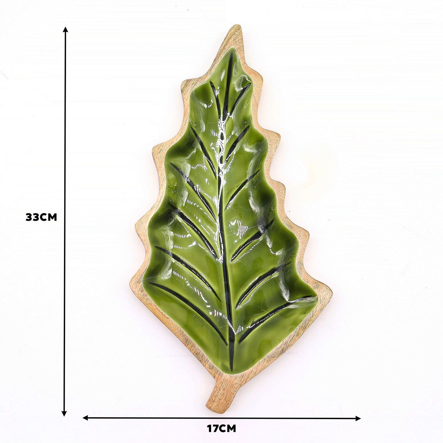 Plato decorativo de cerámica verde en forma de hoja con borde de madera, 33 cm x 17 cm.