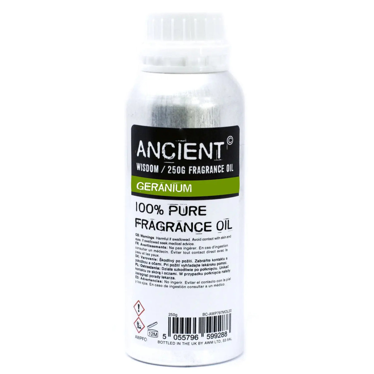 Botella cilíndrica de aluminio de 250g con tapa blanca, etiqueta blanca y verde de aceite de fragancia de geranio.