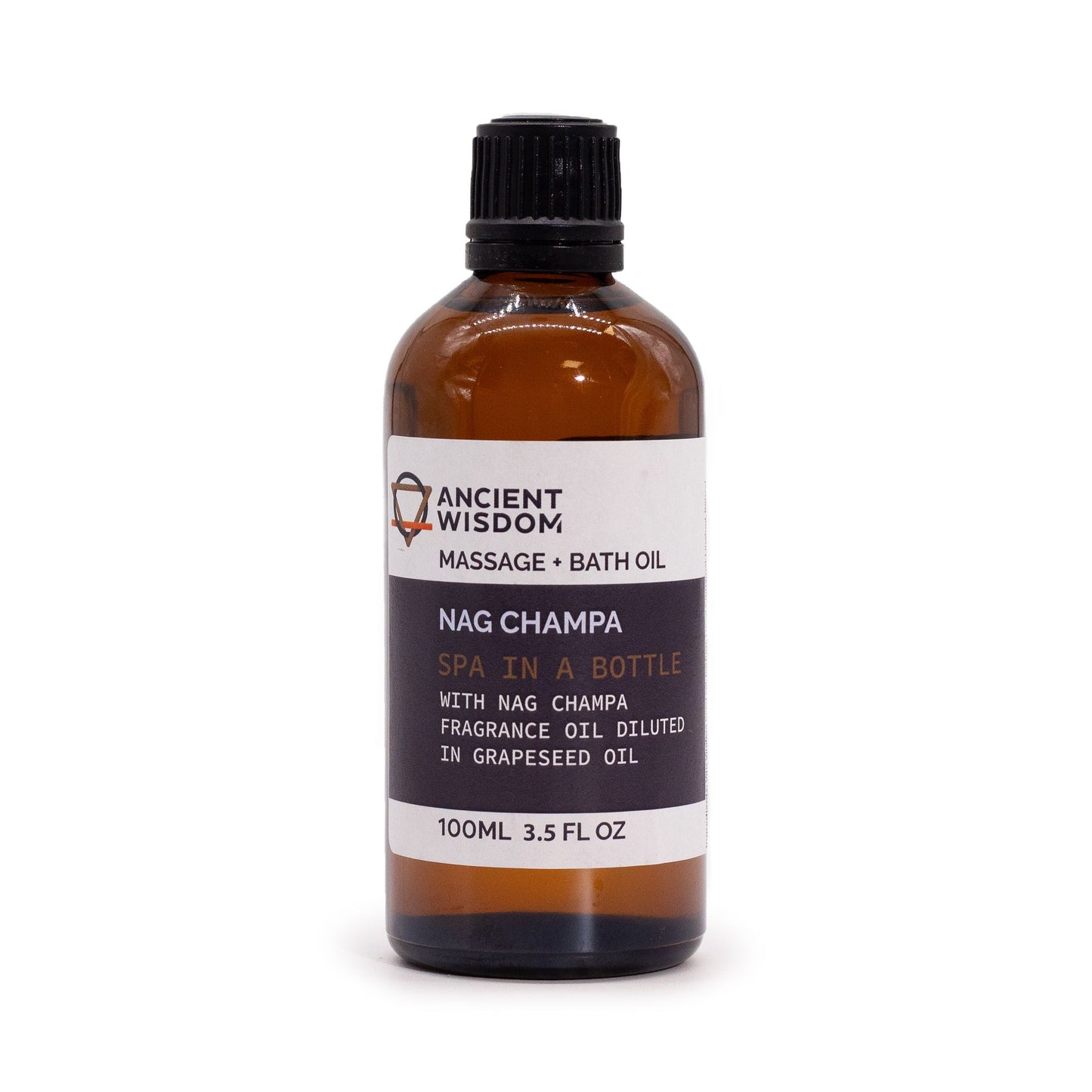 Botella de vidrio ámbar de 100ml con etiqueta blanca y negra de aceite para masaje aroma Nag Champa, tapón de rosca negro.