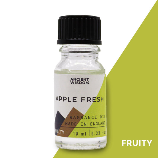Frasco de vidrio de 10ml con tapa negra y etiqueta de diseño moderno con tonos verdes y detalles de manzana fresca
