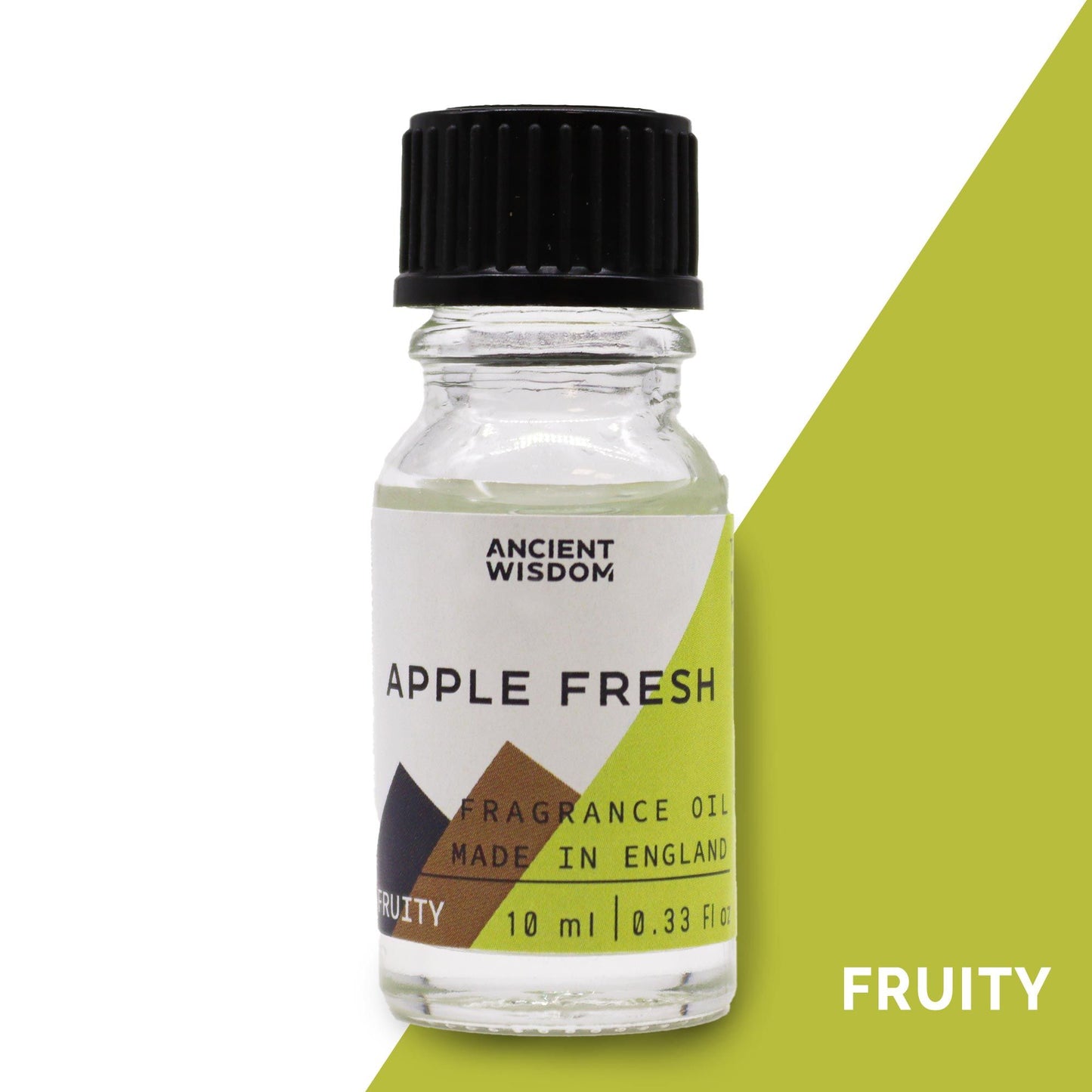 Frasco de vidrio de 10ml con tapa negra y etiqueta de diseño moderno con tonos verdes y detalles de manzana fresca