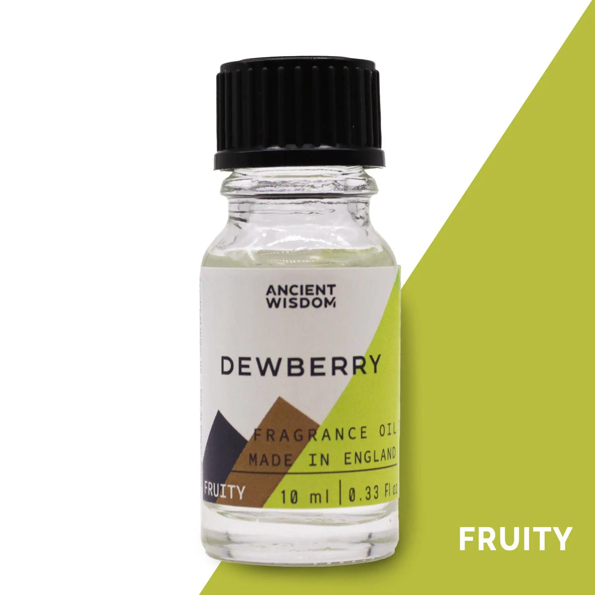 Frasco de vidrio transparente de 10ml con tapa negra, etiqueta con nombre Dewberry, fondo verde y diseño triangular.