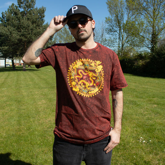 Camiseta algodón lavado piedra mandala dragón granate talla grande