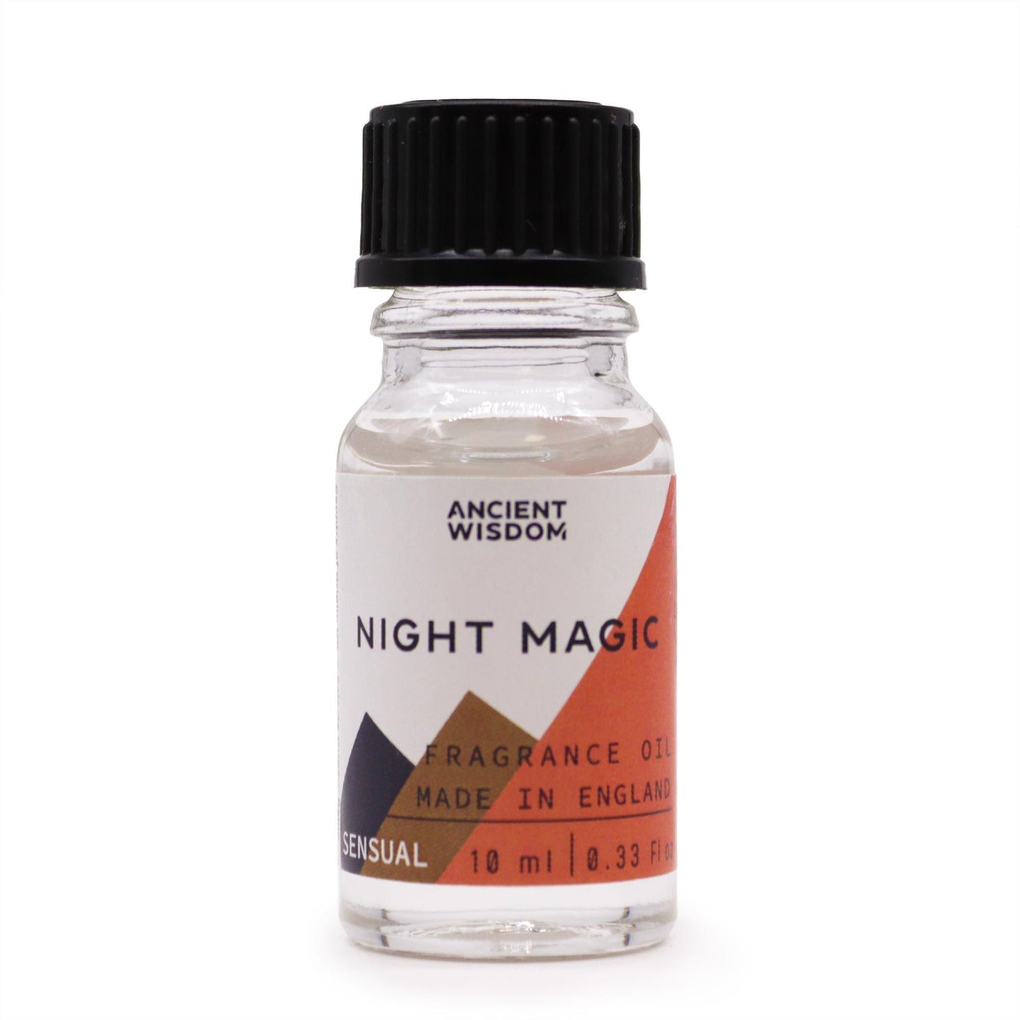 Frasco de vidrio de 10ml con tapa negra y etiqueta blanca con diseño triangular en tonos azul, marrón y naranja.
