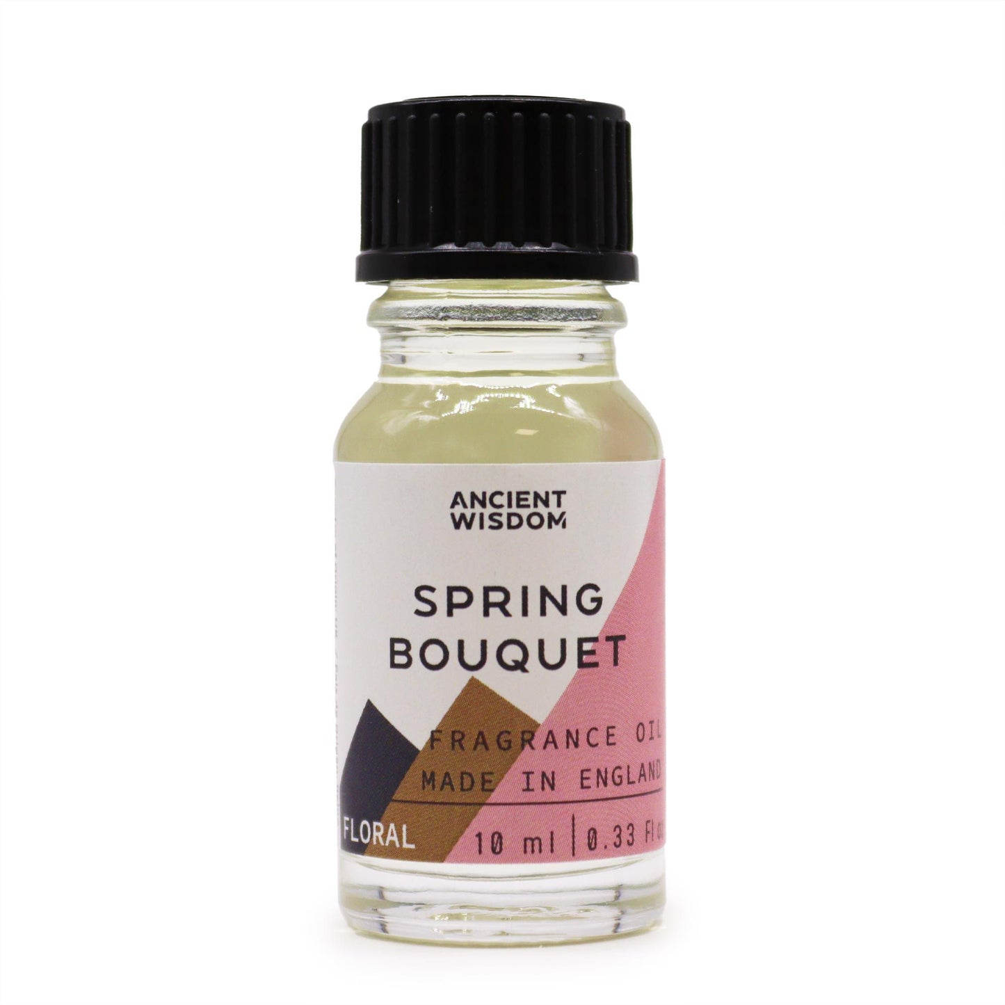 Frasco de vidrio de 10ml con aceite transparente, tapa negra y etiqueta blanca con diseño geométrico y texto floral.