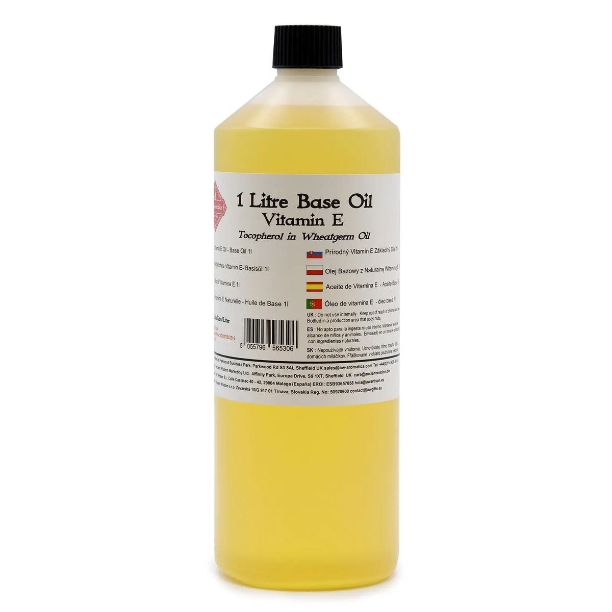Aceite base de 1 litro con vitamina E, color amarillo, en botella de plástico, ideal para cosmética y masajes.
