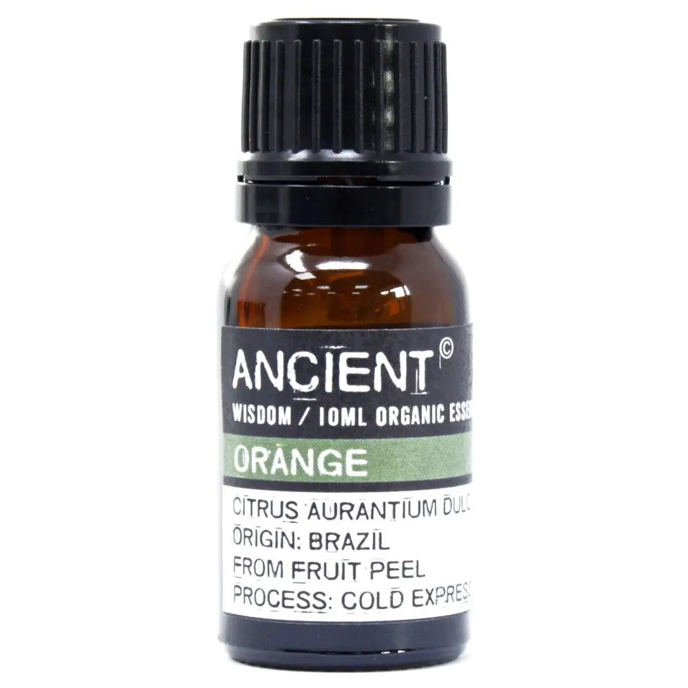 Frasco de vidrio ámbar de 10ml con aceite esencial de naranja Ancient Wisdom, tapa negra y etiqueta informativa clara.