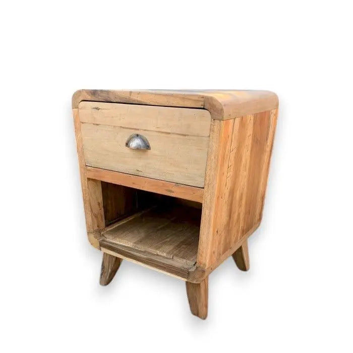 Mesita de noche de madera reciclada estilo rústico, con cajón, estante inferior, bordes redondeados y patas inclinadas