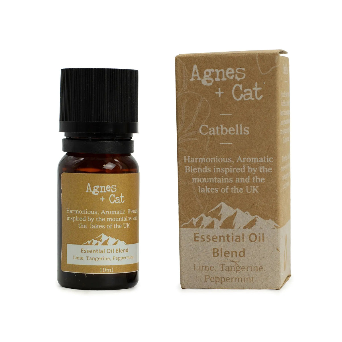 Frasco de aceite esencial Agnes + Cat Catbells (lima, mandarina, menta) con su caja de cartón artesanal marrón.