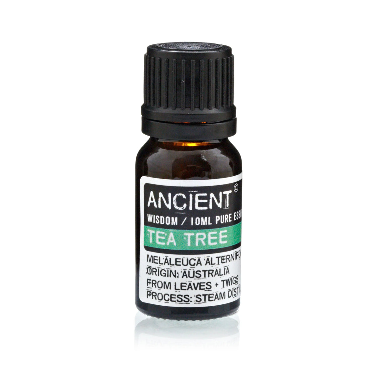 Aceite esencial de árbol de té, 10 ml, en frasco ámbar con tapa negra, 100% puro, destilado al vapor.