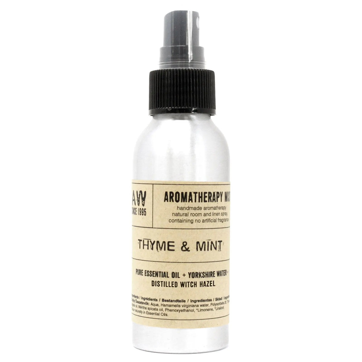 Frasco de aluminio de 100ml con atomizador negro y etiqueta de papel kraft sobre aceites de tomillo y menta.