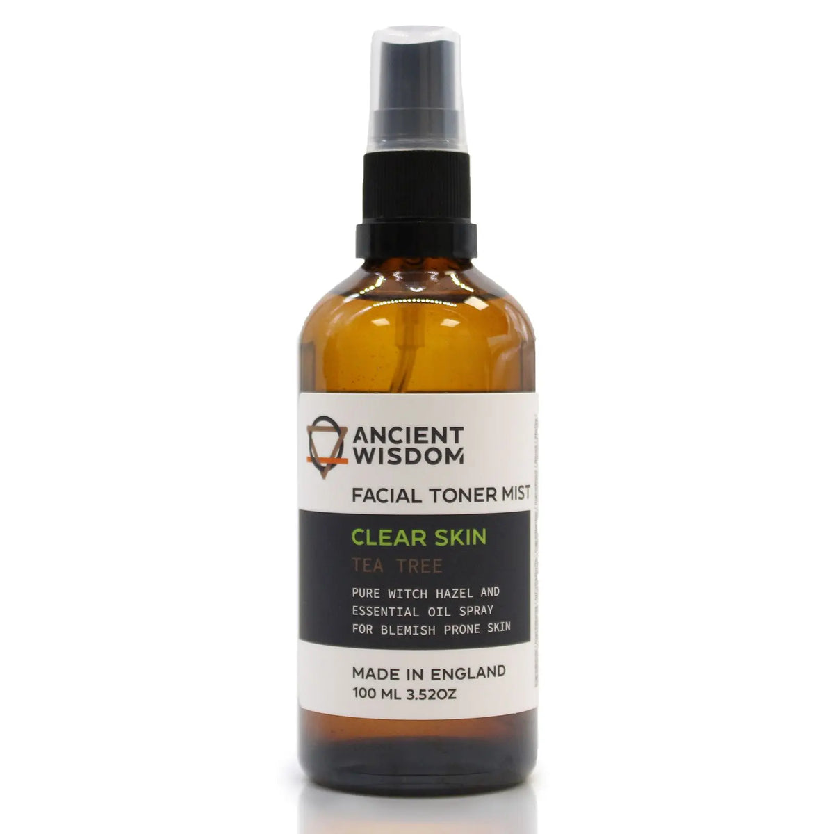 Frasco de vidrio ámbar de 100ml con pulverizador negro, etiqueta blanca y texto descriptivo sobre tónico facial.