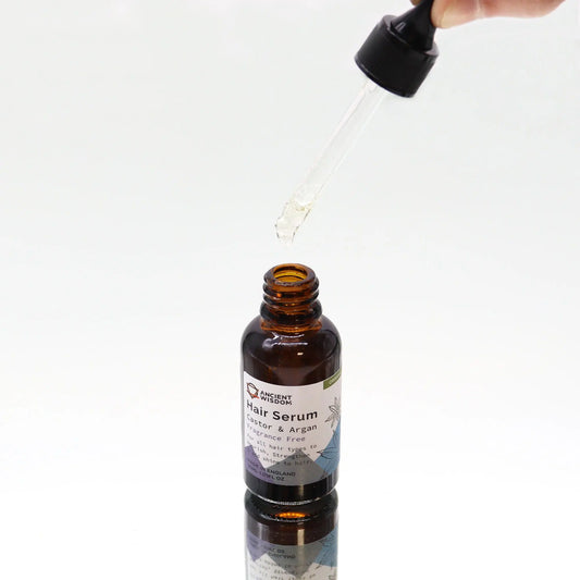 Botella ámbar de 30ml con gotero, conteniendo serum capilar transparente. Fondo blanco y reflejo en la base.