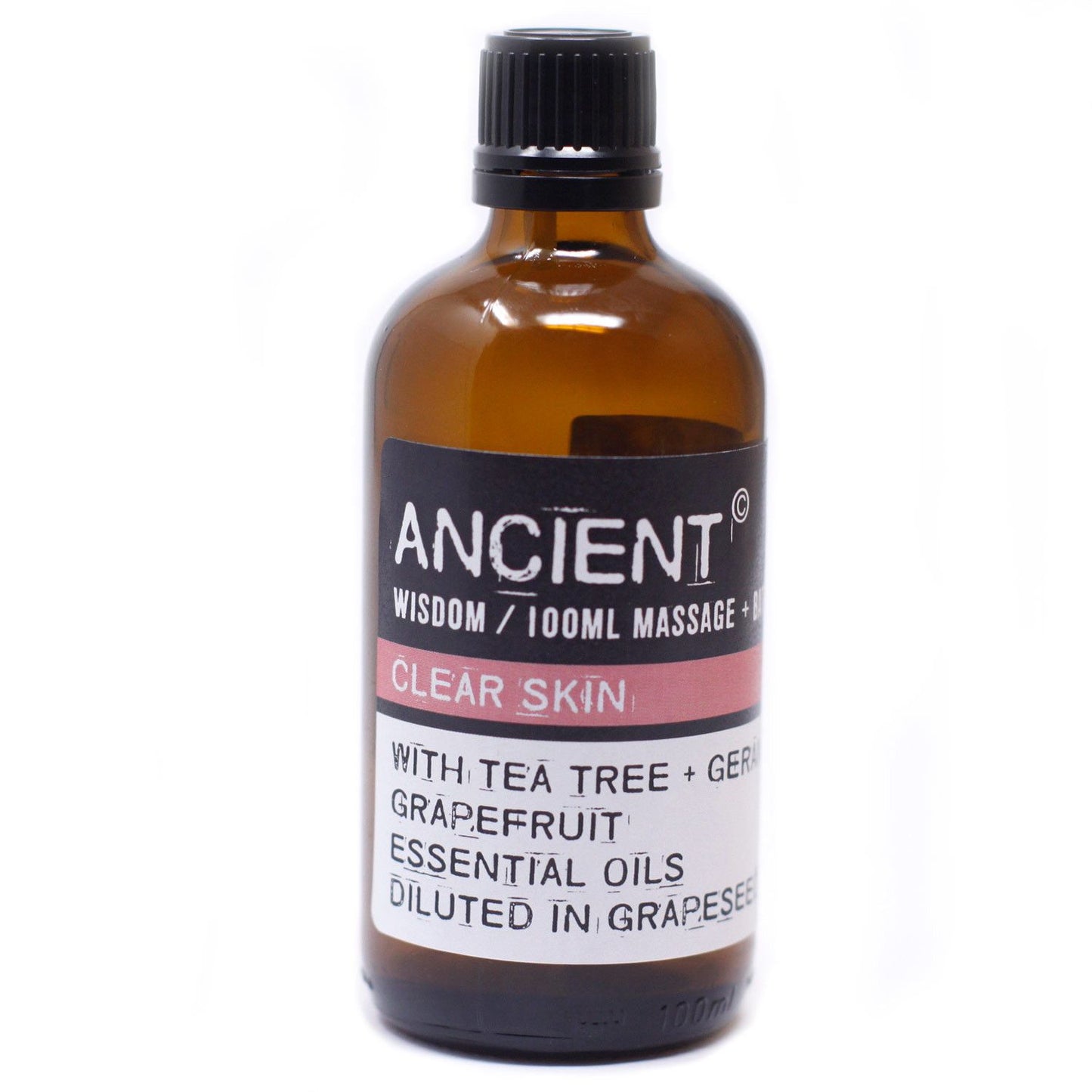 Frasco de vidrio ámbar de 100 ml con etiqueta blanca y negra para aceite de masaje corporal, tapa negra a rosca.