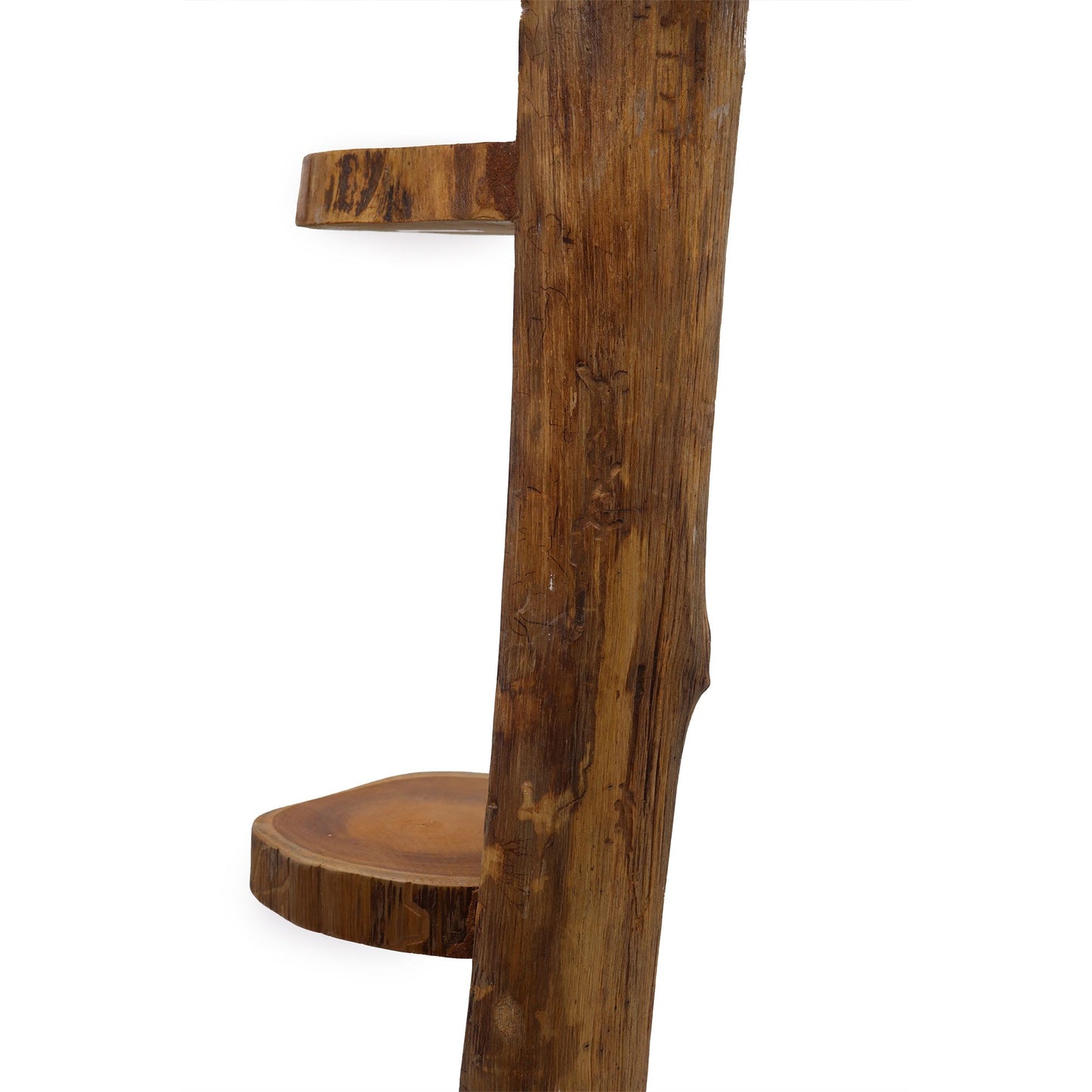 Estante de madera rústica en tonos marrones, con dos estantes en forma de rodajas, estilo natural y artesanal.